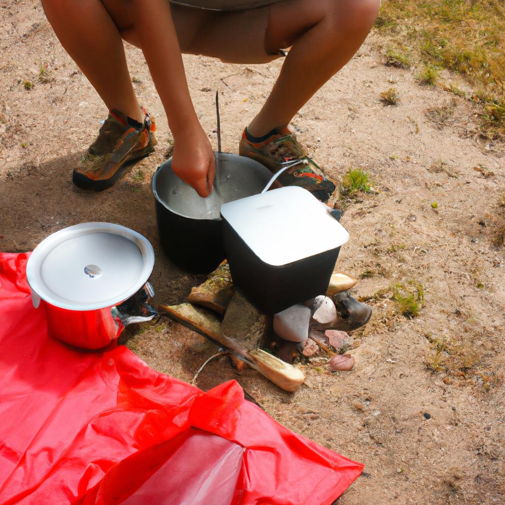 Person camping with cooking equipment