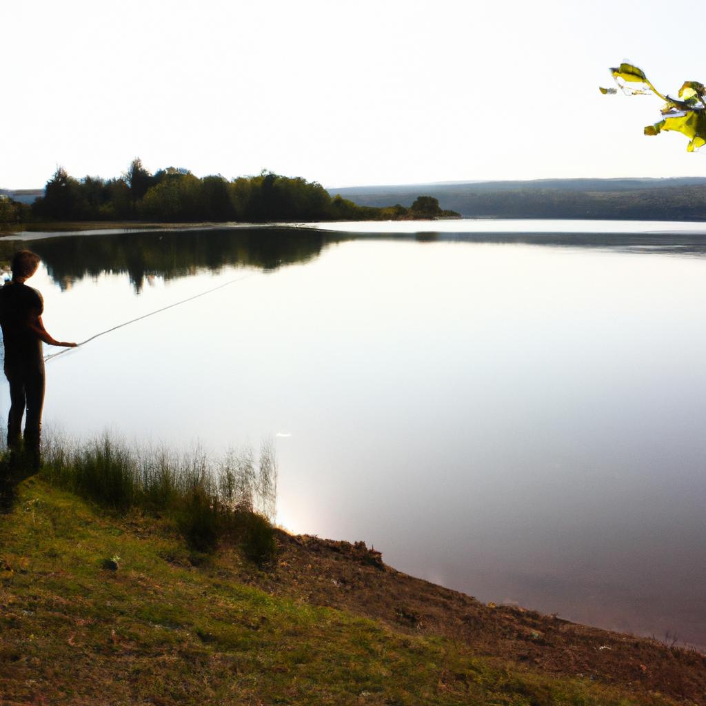 Person fishing by a lake